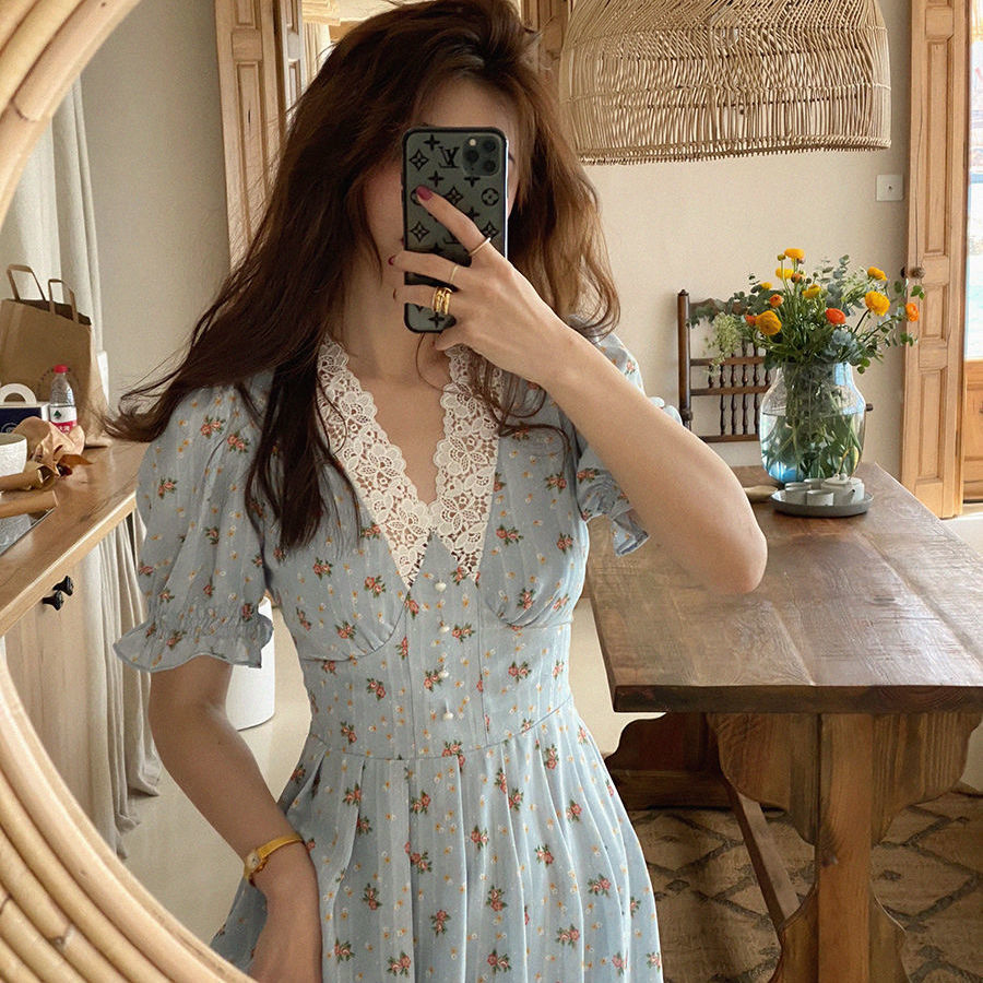Sixsr Vintage Floral Dress Women Elegant Lace Chiffon Korean Party Dress Puff Sleeve V Neck Midi Dress Fall Dresses for Women