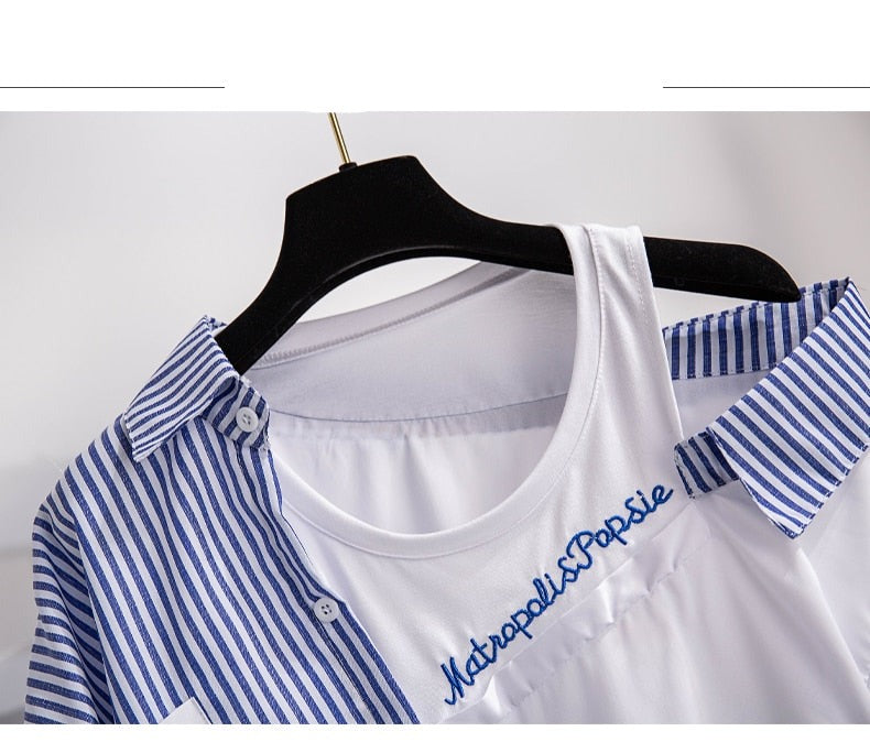 Sixsr 2 pieces shorts sets summer Sweet Korean off shoulder striped patchwork tops and shorts 2 pieces sets women two pieces outfits