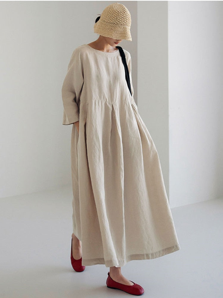 Women Summer Cotton dresses Nine-point Sleeves dress long Maxi dress loose robes casual Dress customized plus size dress boho Linen dress