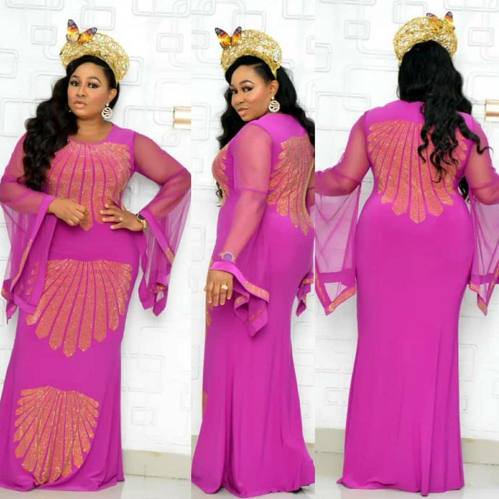 Sixsr African mom dress fashion gauze horn sleeve hot diamond hip-covered fish tail large size stretch dress