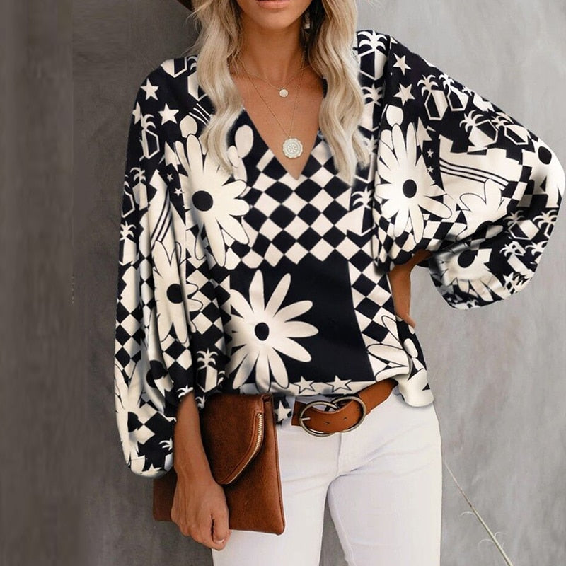 sixsr Summer Outfits Female Streetwear Oversized XXXL Tops Blusa Summer V Neck Long Lantern Sleeve Blouse Casual Women Printing Loose Elegant Shirts