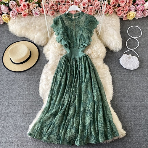 Sixsr Vintage Purple/Green/Red Lace Midi Dress Women Sweet Round Neck Ruffle Vestidos Female High Waist Slim Robe Spring Autumn