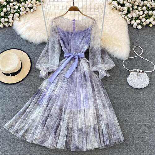 Sixsr Sexy Mesh Printed Dress Women Spring Autumn Round Neck Puff Long Sleeve Ink Pattern A-Line Big Swing Vestidos Female New