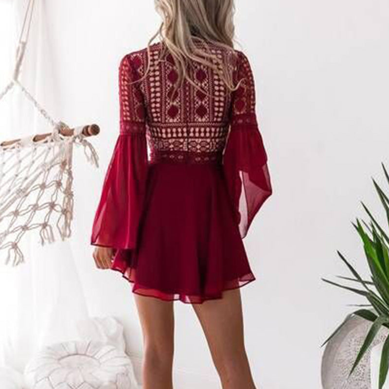 Sixsr Sexy Crochet Lace V-Neck Mini Dress Summer Flare Sleeve Chiffon Beach Sundress Elegant Women Dress Party Sexi