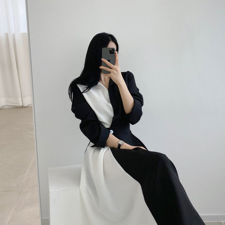 Sixsr Spring Autumn Retro Temperament Contrast Color Lapel Long-Sleeved Shirt Female Midi Dress Korean Elegant Fashion Slim Chic Dress