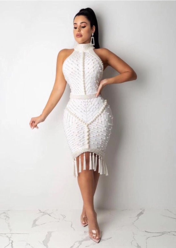 sixsr XL XXL High Quality Celebrity White Black Tassel Beading Sexy Rayon Bandage Dress Cocktail Party Dress