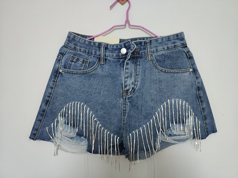 sixsr Spring Autumn Fashion Tide Denim Short Women High Street Rhinestone Sequins Hole Tassel Fit Wild Clothing