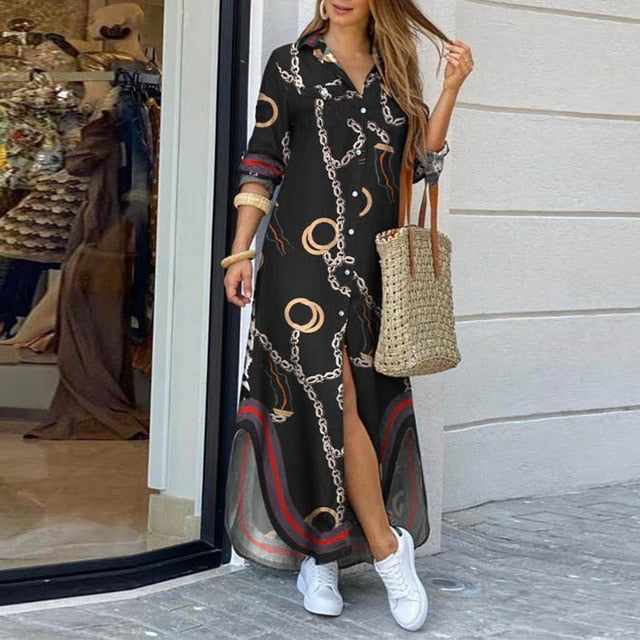 Sixsr Fashion Women Long Sleeve Shirt Dress Autumn Printed OL Long Dresses Laides Turn-down Collar Loose Sundress Party Dresses