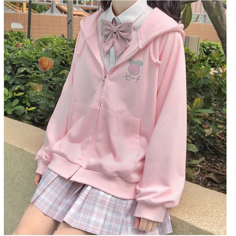 Sixsr Harajuku Sweet Fruit Print Women Hoodie Pocket Spring Loose Thin Zipper Sweatshirt Girl Cute Pink Plus Size Clothes Among Us