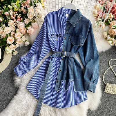 Sixsr Women's Blouse Autumn Long Sleeve Shirt Tops Jeans Patchwork Plaid Blouses Elegantes Blusas para mujer Slim Shirt Dress