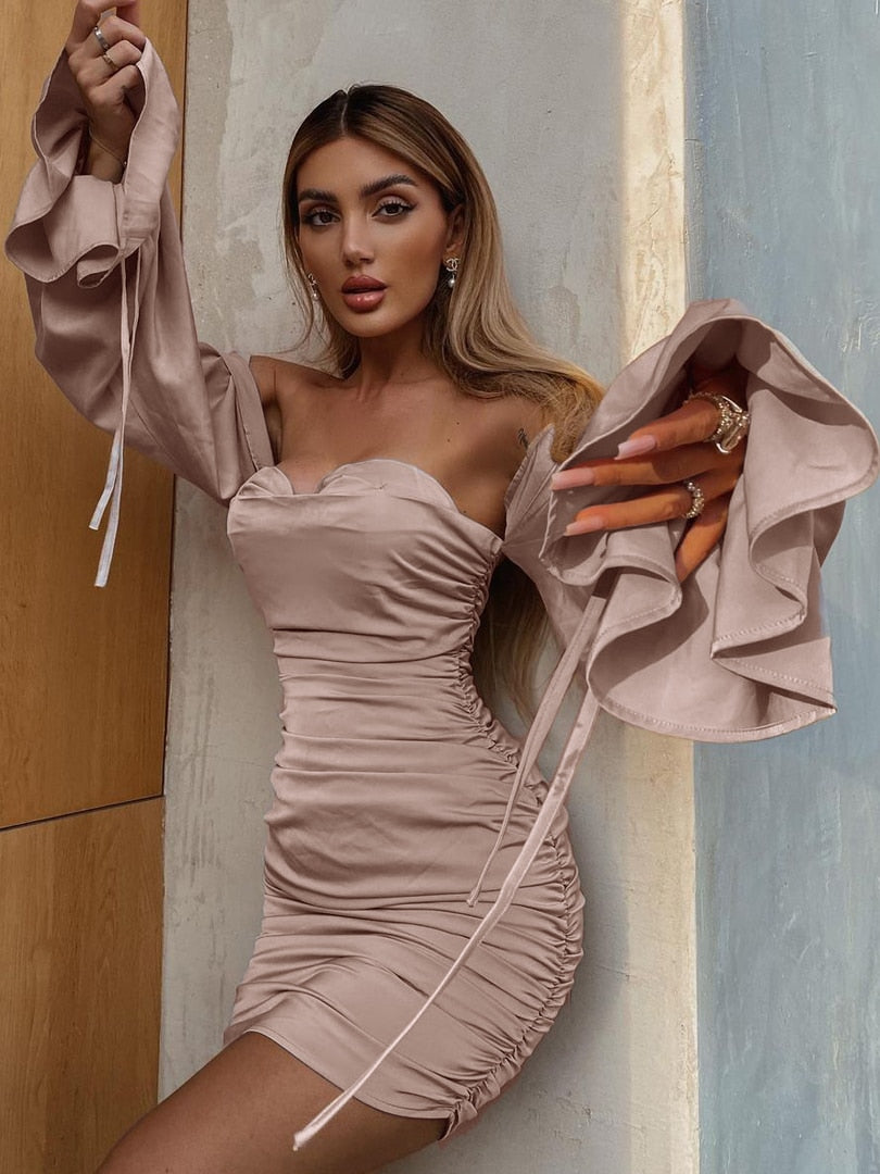 Sixsr Trends Solid Women Spring Autumn Women Puff Long Sleeve Off Shoulder Satin Mini Dress Ruched Bodycon Sexy Party Elegant