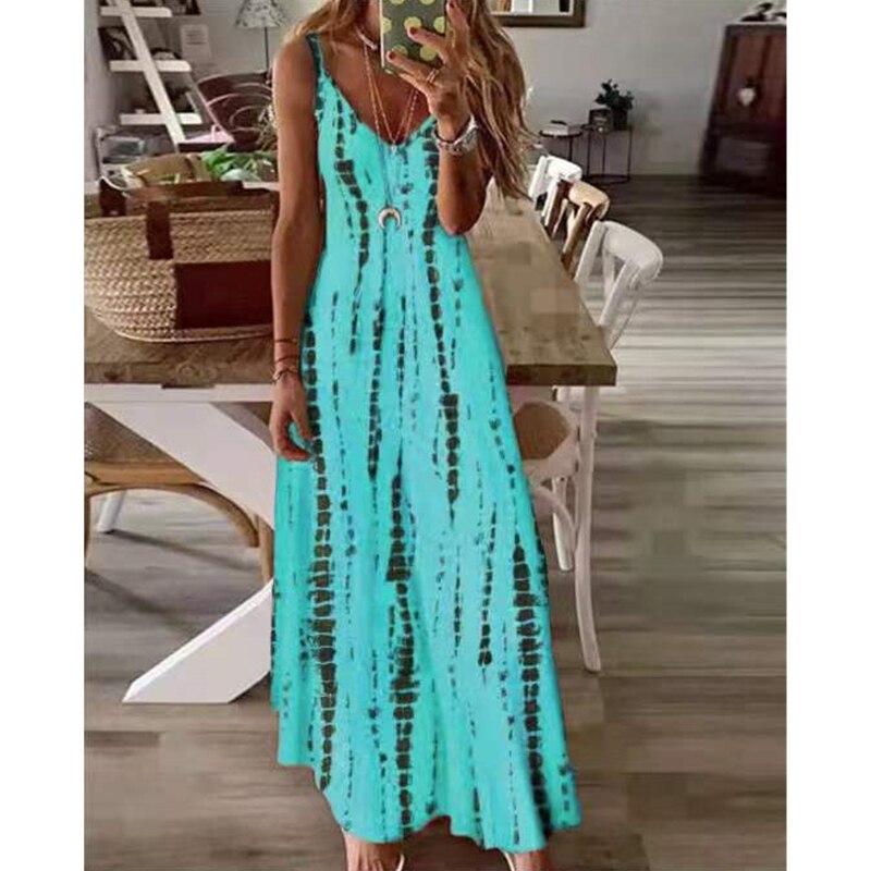 Sixsr Selling New High Street Tie Dye Dress Sexy Spaghetti Strap V Neck Long Dresses Women Summer Beach Dresses Party Tunic Plus Size 5XL