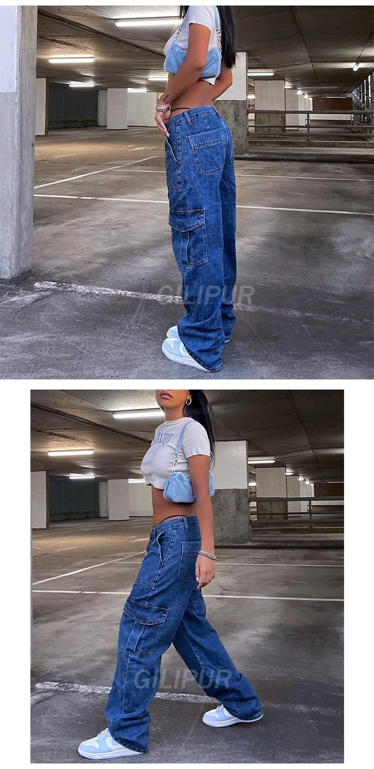 Sixsr Y2k Cargo Pants Women's Jeans New Fashion Baggy Jeans Denim Overalls 90s Low Rise Pocket Straight Leg Trousers Streetwear