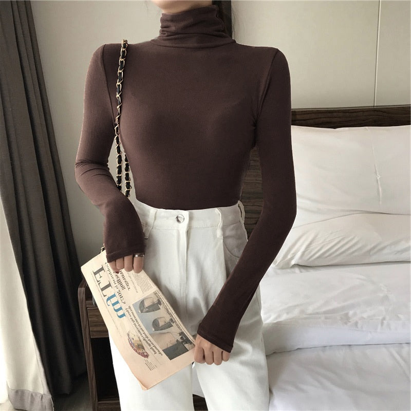 Sixsr harajuku Solid Bottoming t Shirt Women Spring Autumn Tee Shirts Korean Turtleneck Slim Long Sleeve Black White T-shirts 90s tops