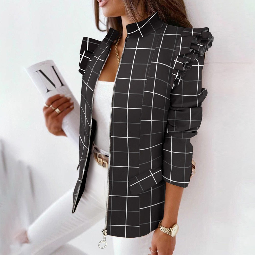 Sixsr Casual Plaid Jacket Women Spring Autumn Long Sleeve Ruffles Khaki Pink Zippers Woman Coats Fashion Office Lady Jackets Coat