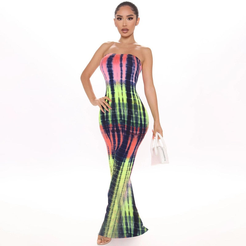 Sixsr Stripe Tie Dye Print Sexy Maxi Dress Spring Casual Long Dress Women Nightclub Long Sleeve Bodycon Dresses C70CC31