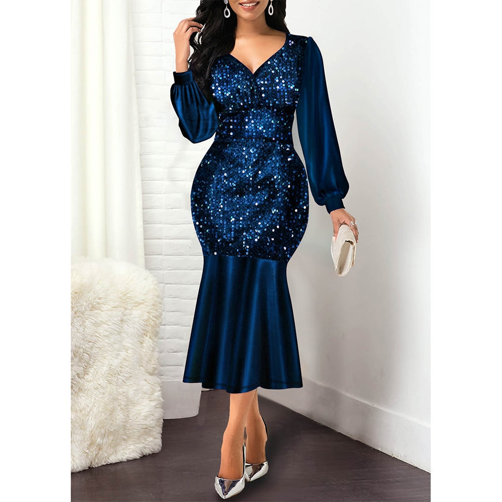 sixsr Women Dress Summer Elegant Sexy V Neck Sequine Evening Wedding Party Dress Plus Size High Waist Bodycon Mermaid Dresses 5XL