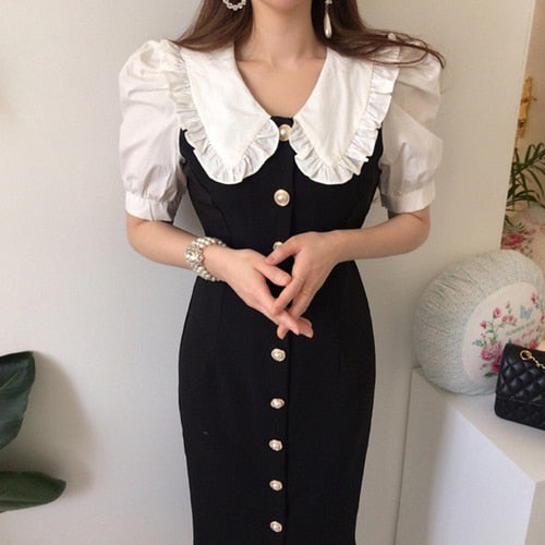 Sixsr Summer Outfits Dress Women Fashion Peter Pan Collar Puff Sleeve Single Breasted Slim Long Vestidos Korean Chic Robe Elegant Female