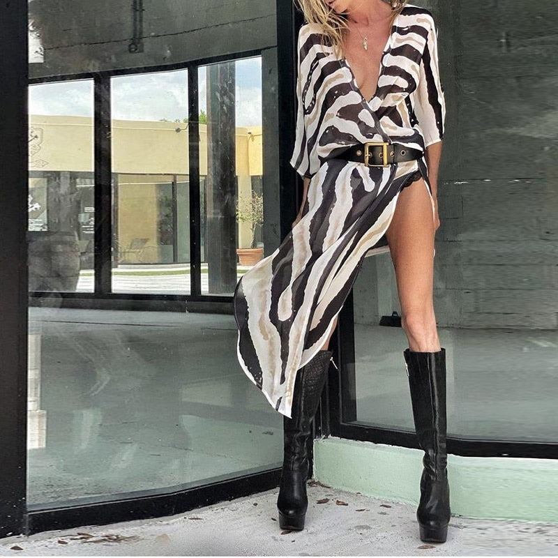 sixsr Hot Sale Newest Fashion Beach Women Veil Tops Loose Casual Striped Print Short Sleeve Clothing Female Long Blouse Summer Streetwear