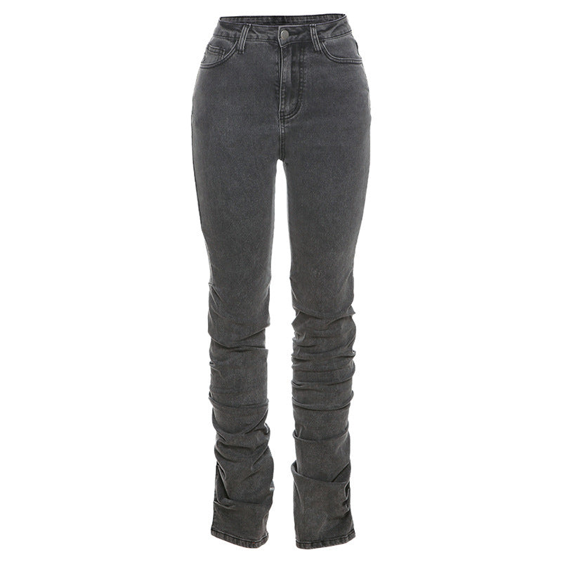 sixsr Grey Split Denim Stacked Pants Zip Up Baddie Style Streetwear Pencil Jeans For Women High Waist Bodycon Ruched Trousers
