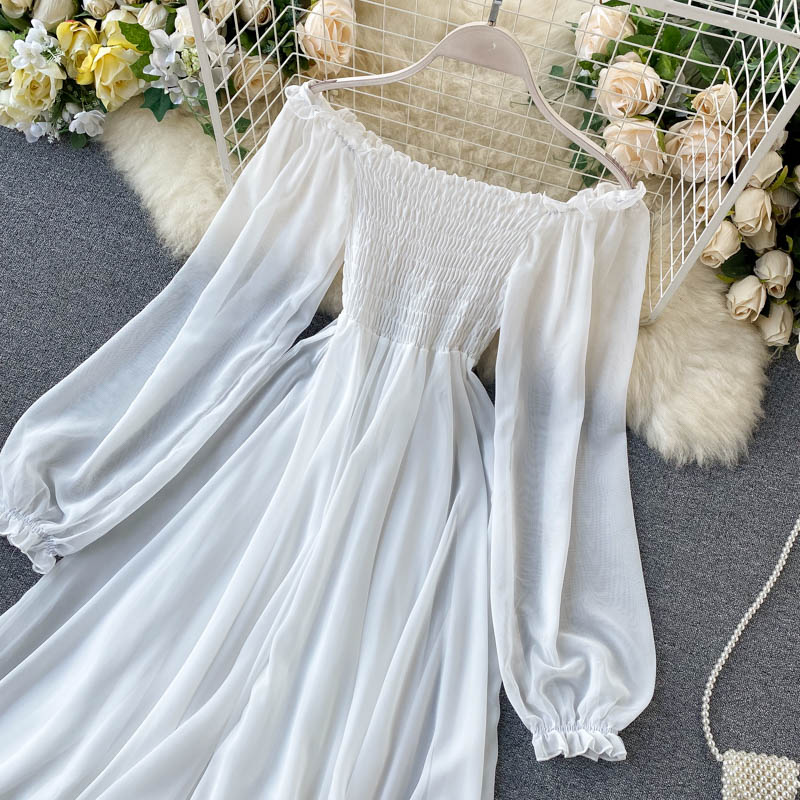 Sixsr New Spring Autumn Dresses for Women Women Elegant Holiday Dresses Puff Sleeve Slash Neck Off Shoulder Smocked White Chiffon Dresses