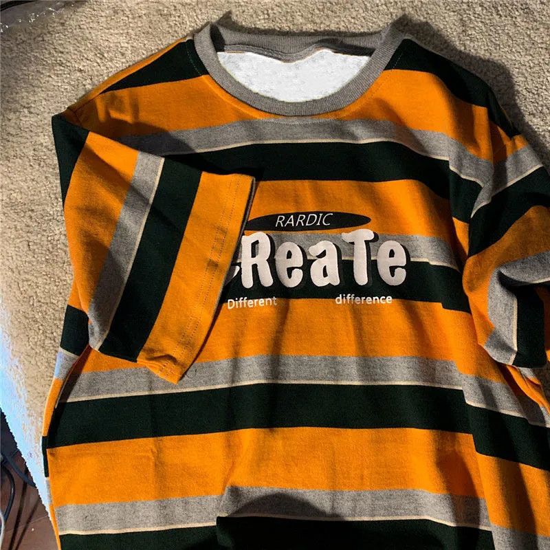 Grunge short-sleeved t-shirt for men women summer Korean loose vintage unisex personality striped T-shirt lovers orange Y2K tops