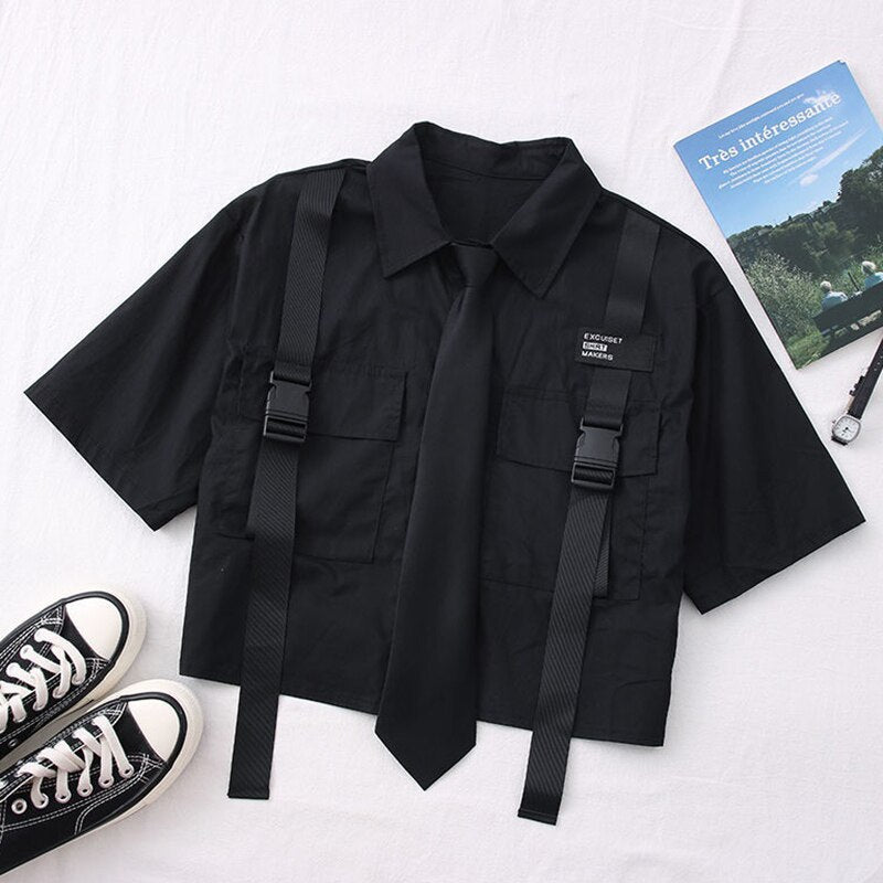 sixsr Spring Outfits Trends Harajuku Women Shirts And Blouses Feminine Tie Pocket Top Casual White Turn-down Collar OL Style Female Blouses Streetwear