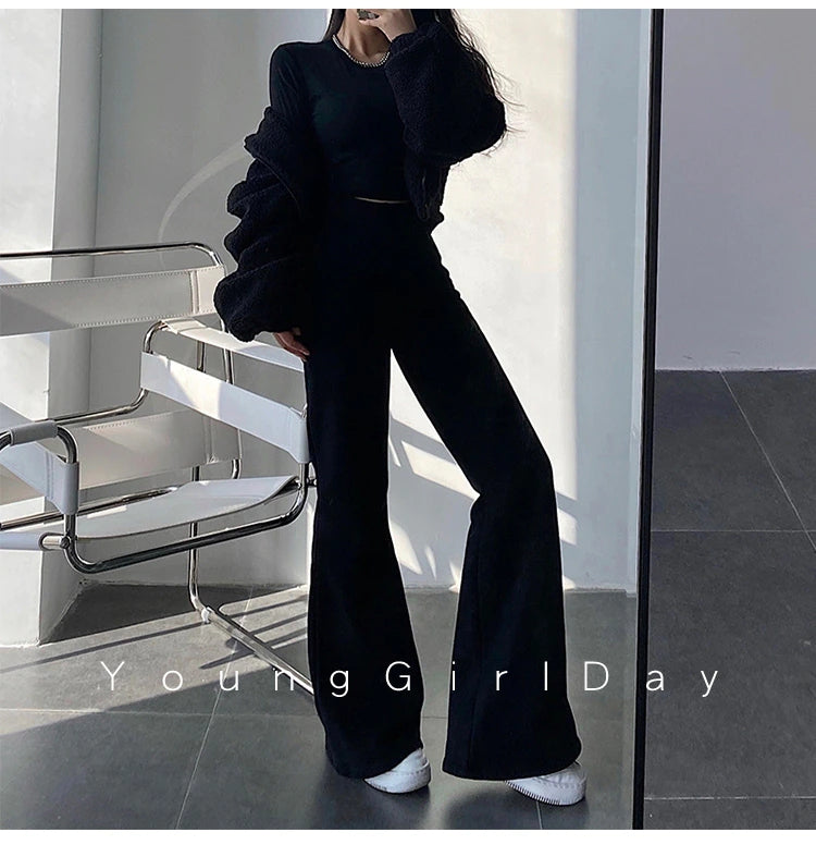 Sixsr New High Street Elastic Waist Solid Color Flare Pants For Women Spring Autumn Thick Casual Female Trouser BSXM new years eve outfits women