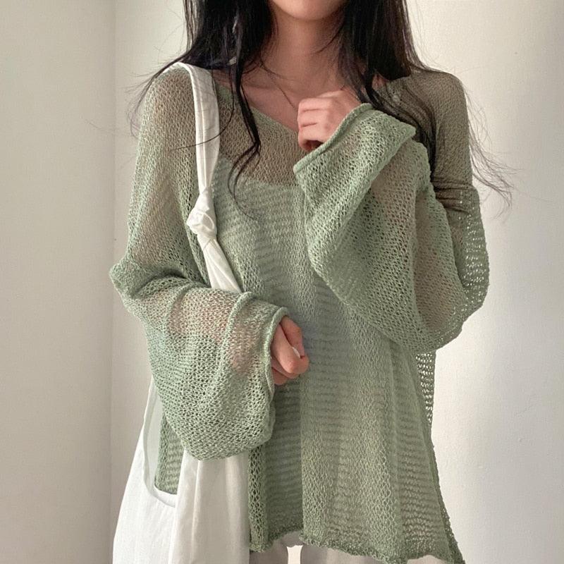 Sixsr Lazy Style Full Sleeves Jumpers Tops Hollow Out Sexy Women Fashion Casual Streetwear Chic Femme Sweaters Pullovers