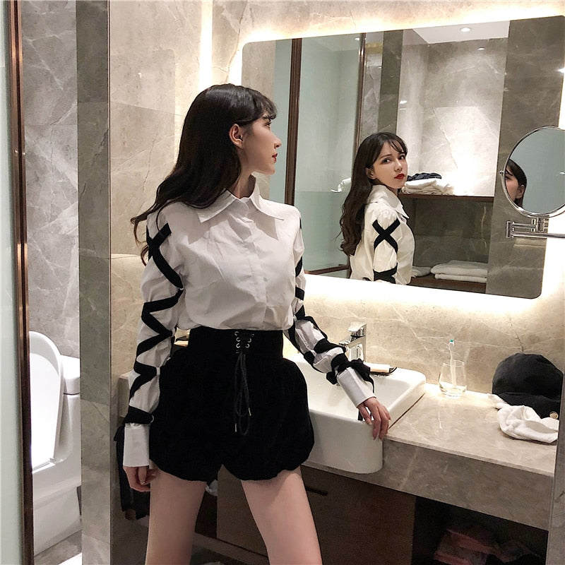 Sixsr Womens Fashion Casual Office Lady Female Blous Long Sleeve Shirt Women Stitching Black Ribbons Spring Top Blouse 16W057