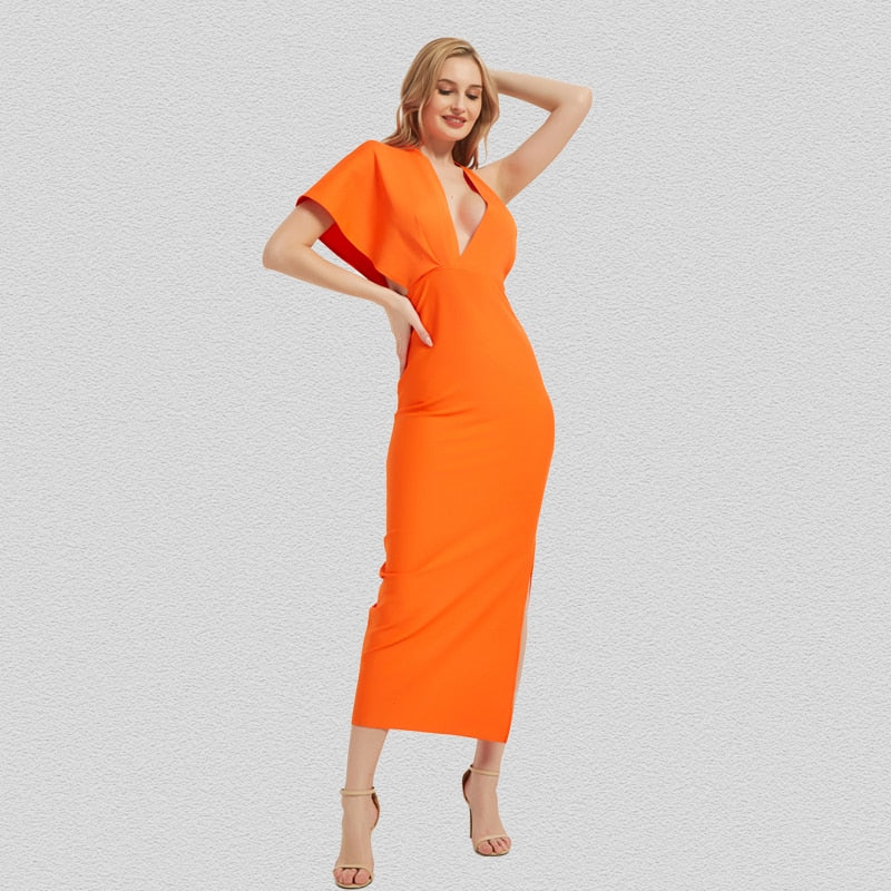Fashion Trends Draped Backless Women Side Split Evening Club Party Dress New Sexy V Neck Orange Black Long Bandage Dress Vestidos