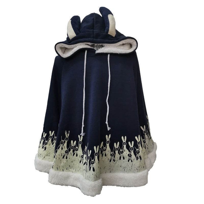 Sixsr Lolita Cloak Harajuku Hoody Cloak Japanese Angry Cat Christmas Deer Fleece Cape Loose Pullover Batwing Sleeve Hoodie Coat