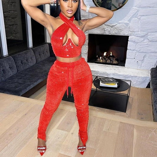 sixsr Sexy Bright Women 2-Piece Suits Criss Cross Halter Camisole Tops+Skinny Split Pants Sportswear Female Night Clubwear