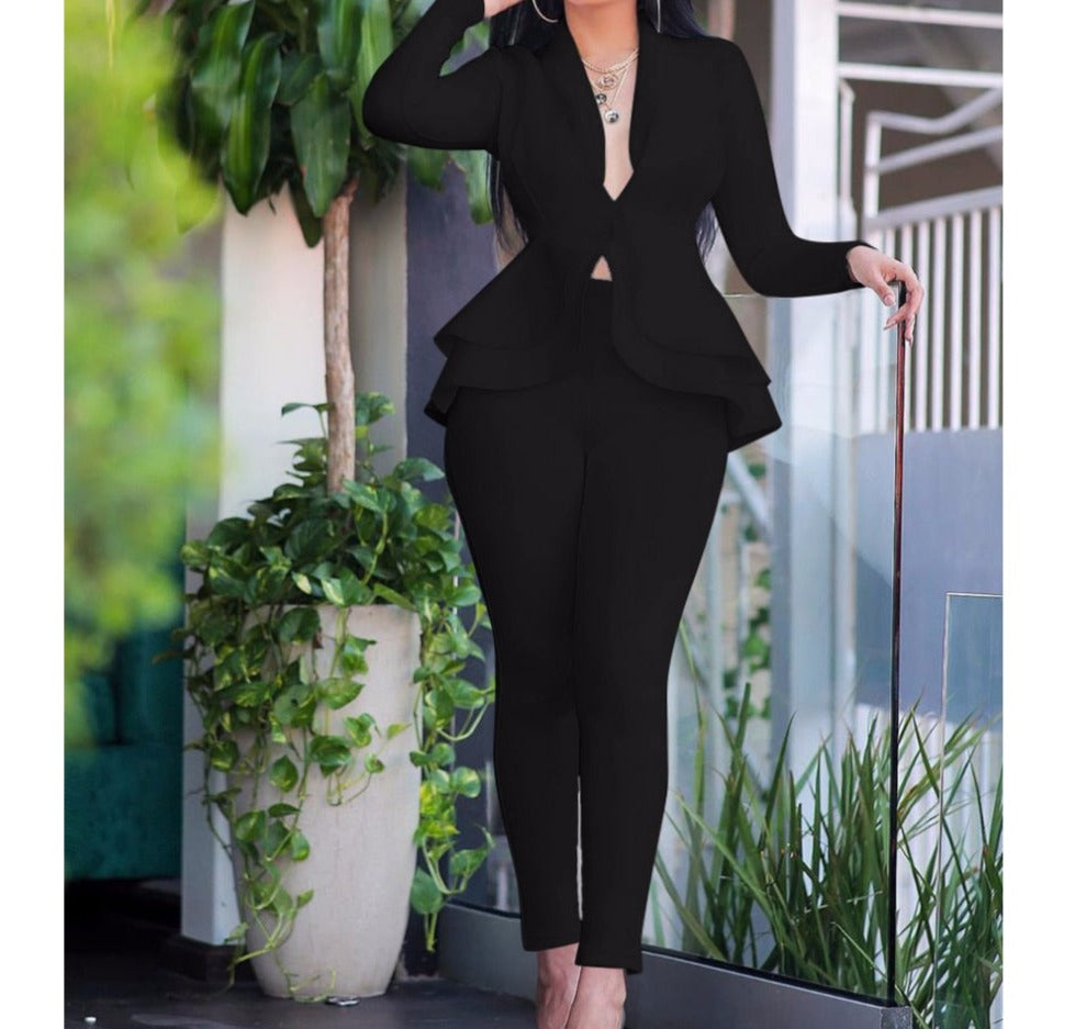 Sixsr high quality Sexy Business Suits For Women Solid Black White Office Ladies 2 Piece Sets Scallop Design Elegant Women Suit Coat & Pants Set