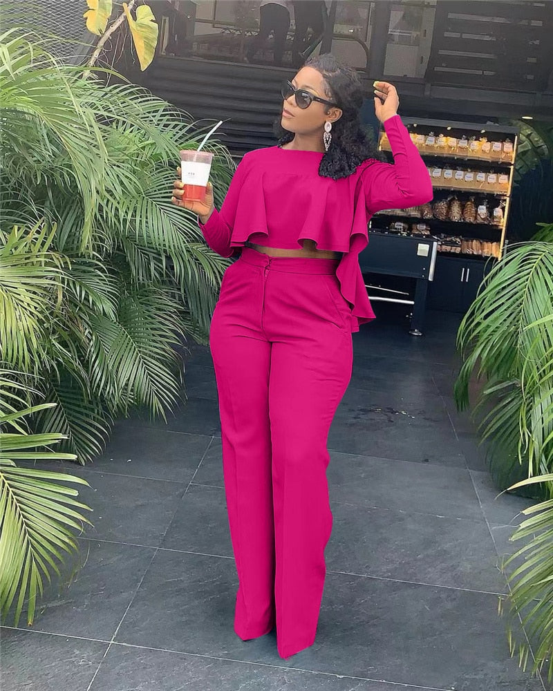 Sixsr  Elegant Work Wear Two Piece Set Fall Clothes for Women Ruffles Crop Top and Wide Leg Pants Suits Matching Sets Sexy Club Outfits
