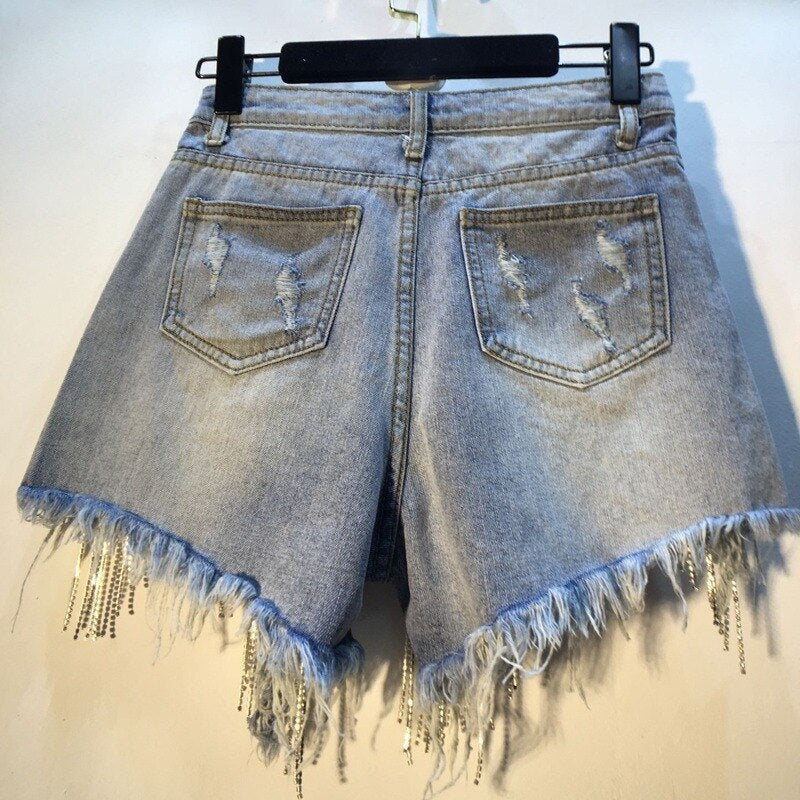 sixsr Spring Autumn Fashion Tide Denim Short Women High Street Rhinestone Sequins Hole Tassel Fit Wild Clothing