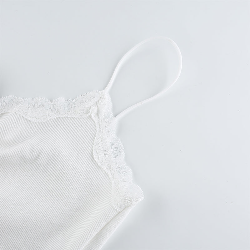 sixsr Womens Fashion Streetwear Lace Patchwork Summer White Tank Top Women Home Y2K Fashion Leisure Outfit Basic Casual Crop Tops Kawaii Clothes