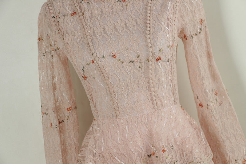 sixsr Pink Lace Embroidery Maxi Dress Female spring Winter Full sleeve high waist Ruffle elegant Long party dresses Woman