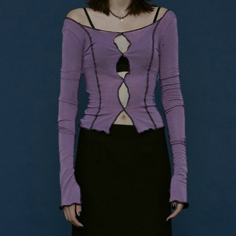 Sixsr Spring Outfits Sexy solid hollow out top long sleeve O-neck t-shirt woman casual Autumn Spring top