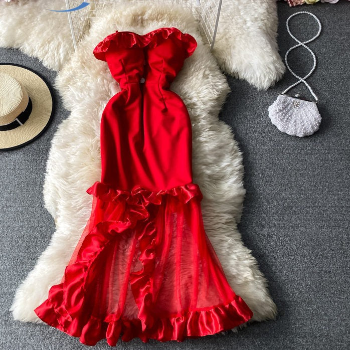 Sixsr Trends  high quality Women Spaghetti Strap Sexy Dress Strapless Bodycon Slim Red Dinner Party Dresses Mesh Patchwork Female Summer Long Dress