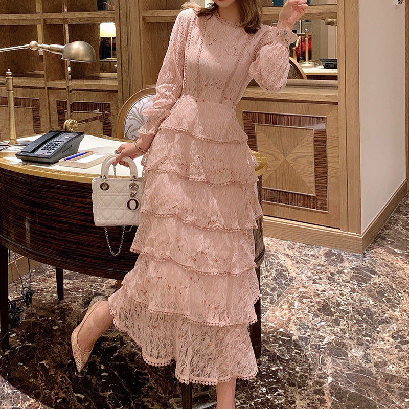sixsr Pink Lace Embroidery Maxi Dress Female spring Winter Full sleeve high waist Ruffle elegant Long party dresses Woman