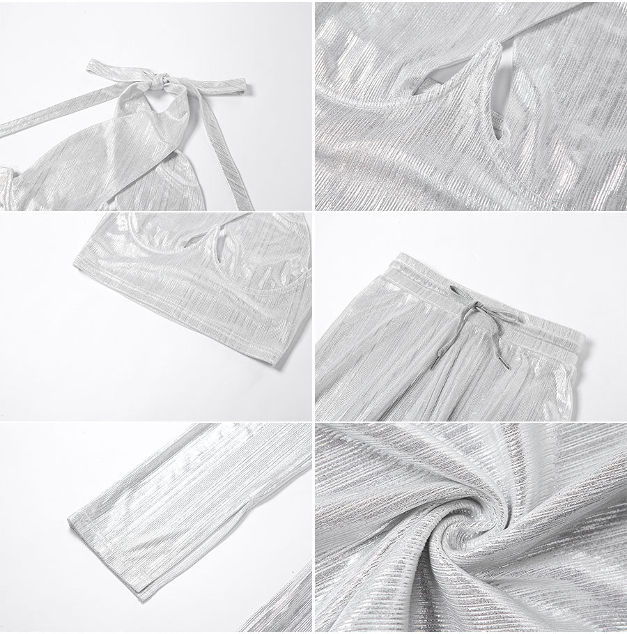 sixsr Sexy Bright Women 2-Piece Suits Criss Cross Halter Camisole Tops+Skinny Split Pants Sportswear Female Night Clubwear