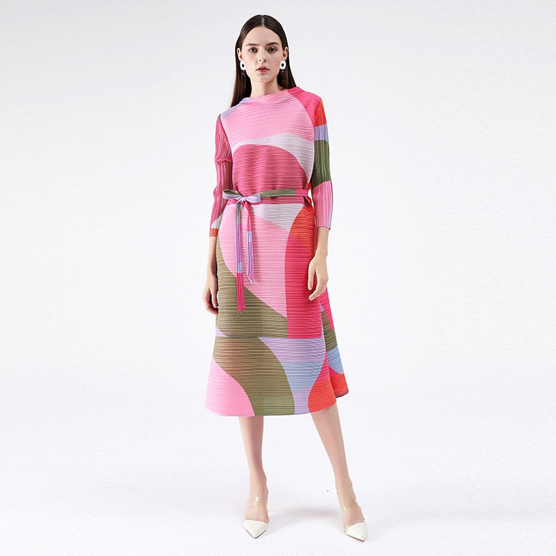 sixsr Pleated Dress Women Hit Color Geometric With Belt Sashes Over Size Long Sweet Casual New Spring Fashion Tide