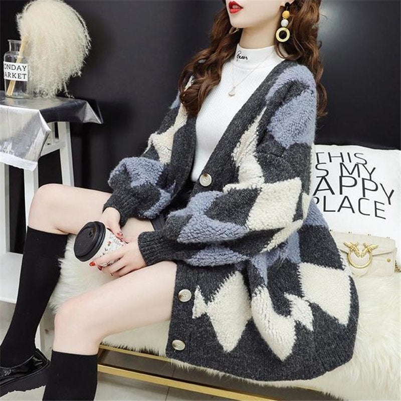 Sixsr Womens Fashion Spring Winter Women's Plaid Plus Velvet Warm Knitted Sweaters Cardigans Long Sleeve Checkered Coat Oversize Sweater Jackets
