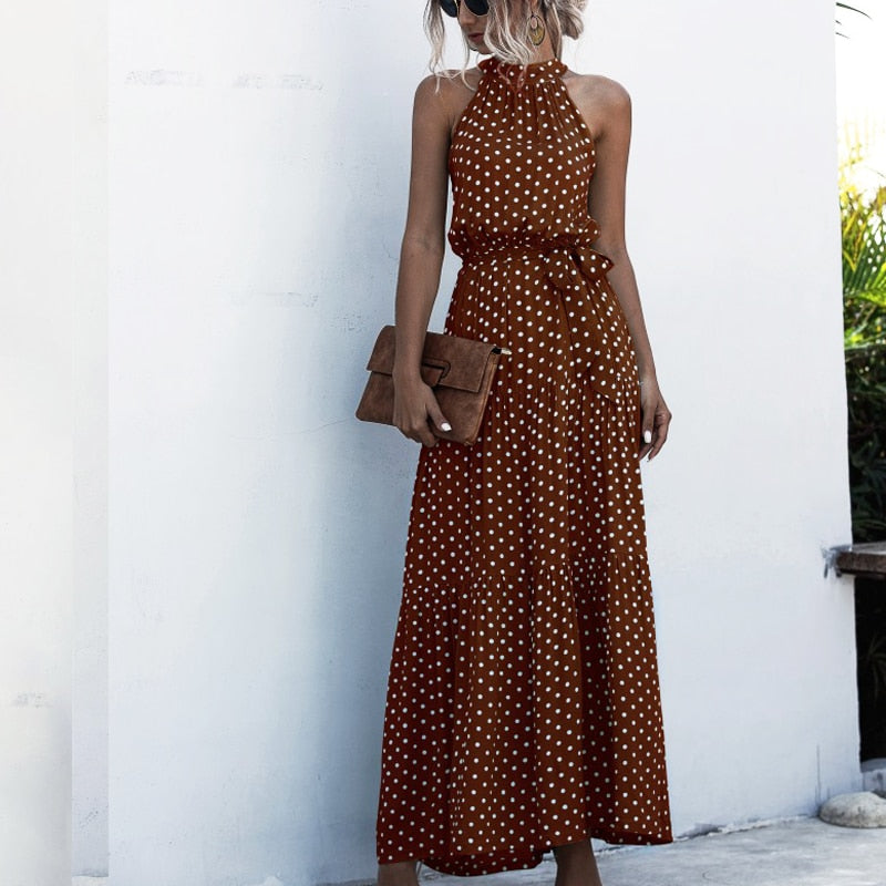 Sixsr Summer Elegant beach Women Dress long Print Flowers Polka-dot strap Ladies Halter boho Dress Vintage party ladies Dress