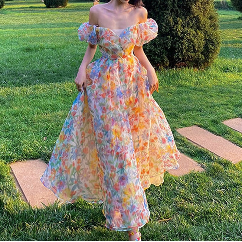 Sixsr Hot Sale Summer Floral Design Elegant Midi Dresses Women Office Lady One Piece Dress Korean Short Sleeve Vintage Beach Strap Dress