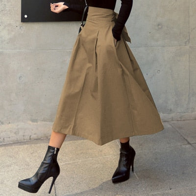 Sixsr Spring Outfits Trends Skirts Womens Korean Fashion Solid Color Big Swing Ladies Skirt Long Skirt Autumn Wild High Waist Bow Slim Skirts