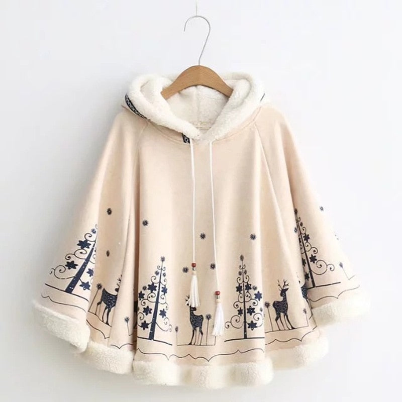 Sixsr Lolita Cloak Harajuku Hoody Cloak Japanese Angry Cat Christmas Deer Fleece Cape Loose Pullover Batwing Sleeve Hoodie Coat