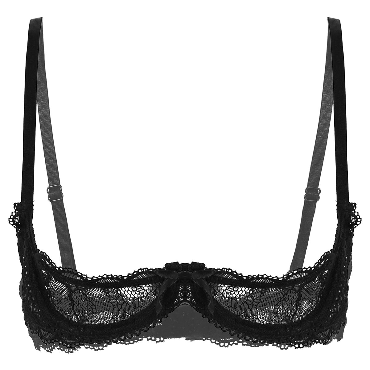sixsr Women See Through Sheer Lace Hollow Out Lingerie Adjustable Spaghetti Shoulder Straps Open Cups Bra Push Up Underwire Bra Tops