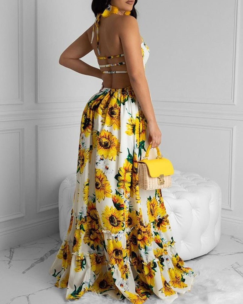 Sixsr Women Sexy Open Back Sunflower Print Bandage Boho Maxi Dress Summer Beach Holiday Halter Sleeveless Long Dress